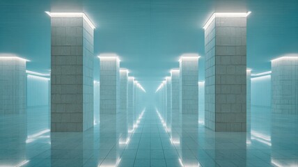 Modern Architectural Interior with Illuminated Columns, Reflective Floor, and Blue Lighting, Creating a Futuristic and Sleek Ambiance