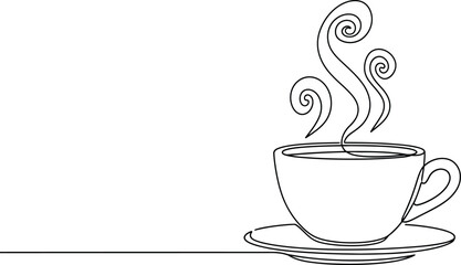 Single line drawing of a steaming cup of coffee on a saucer, representing warmth and a morning beverage