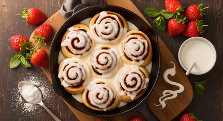 Cinnamon Rolls Icing Fresh Strawberries Dark Wood Background