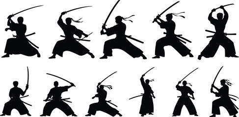 Ten Silhouettes of Samurai Warriors in Dynamic Sword Poses on White Background katana