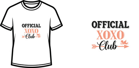 Typography t shirt design featuring the love-themed slogan "official xoxo club" with cupid and arrow graphic in black and peach. isolated on transparent background