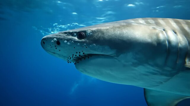 Close Up of Leopard Shark Swimming Underwater in Blue Ocean
