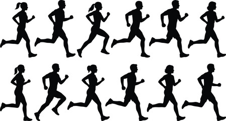 Twelve Silhouettes of Men and Women Running in a Line on White Background people woman