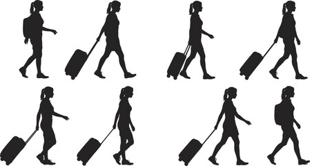Woman Silhouette Walking with Rolling Suitcase Travel Luggage Poses vector illustration