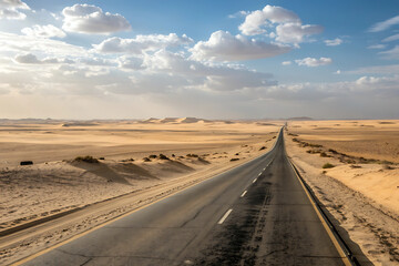 Desert highway under cloudy sky
