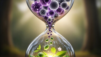 A conceptual hourglass where glowing purple cells transform into vibrant green leaves. This visual metaphor represents the healing process, biological renewal, and the cycle of life and health.