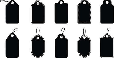 Ten Black Silhouette Gift Tags and Price Tags with String on White Background label blank