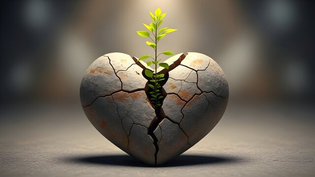 A conceptual image featuring a green plant sprout growing through the center of a cracked stone heart, symbolizing resilience, hope, new life, and healing after emotional or physical trauma.