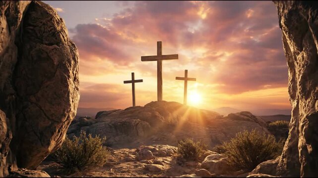 Three wooden crosses stand on rocky terrain at sunrise, illuminated by golden light, framed by a cave entrance, showcasing the spiritual significance and natural beauty of the scene