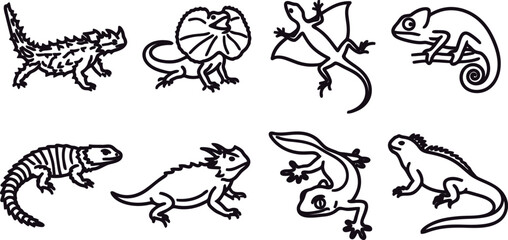 Obraz premium Black and white illustrations of various lizards and geckos in different poses and styles on white background