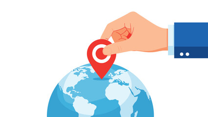 Businessman's hand placing a red location pin on a globe, representing global business, market expansion, and geotagging.