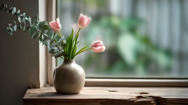 Spring tulip bouquet in a ceramic vase by the window symbolizing International Women&rsquo;s Day in soft natural light