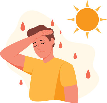 Heat discomfort illustration, sweating person, summer heat, sun exposure, hot weather, dehydration risk, warm climate, heat exhaustion, sun rays, temperature stress