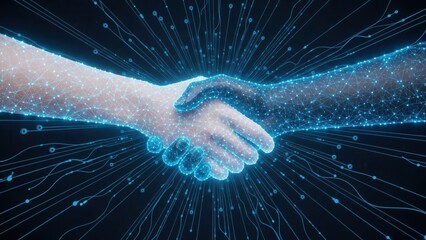 Digital business partnership illustration with glowing blue network handshake