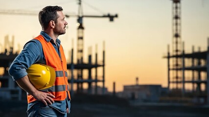 Construction worker wearing a vest and helmet against the background of the construction site.