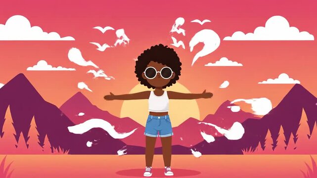 Joyful Young Woman Dancing Against Mountain Backdrop At Sunset Cartoon Style Animation