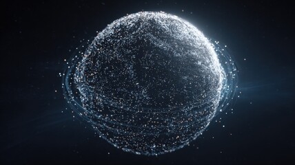 Abstract Particle Sphere with Dynamic Swirls and Dark Background, representing Technology and Data