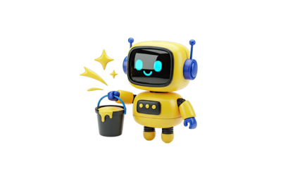Cute Yellow Robot Holding Paint Bucket and Stars
