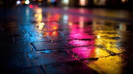 Vibrant Cityscape Reflection on Wet Pavement at Night, Featuring Abstract Urban Lighting and Colorful Bokeh