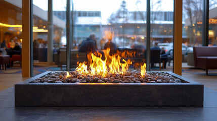 Modern gas fire pit with bright yellow flames burning over dark lava rocks in contemporary indoor lounge setting with blurred background activity