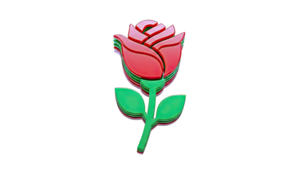 Glossy 3D Red Rose with Green Stem and Leaves on White Background