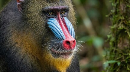 Detailed profile portrait of colorful mandrill face