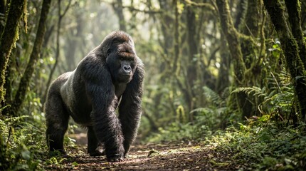 Silverback gorilla in dense tropical forest habitat