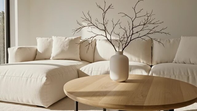 Cozy living room with white vase and branches on wooden coffee table