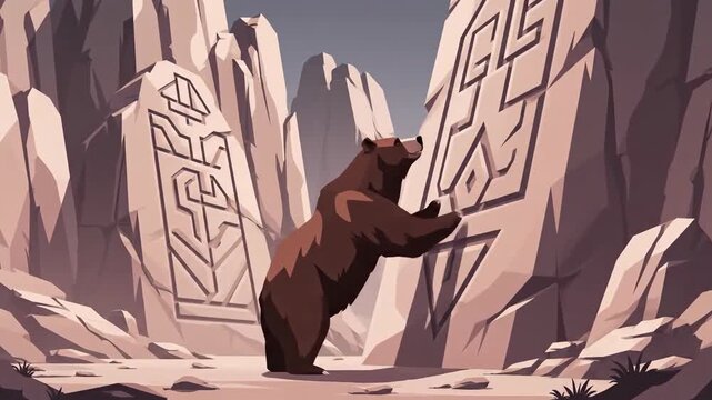 Majestic Brown Bear Exploring Ancient Runestone Carvings In Rugged Mountain Landscape