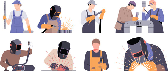 Welding workers, metal fabrication, protective gear, sparks flying, industrial tools, pipe handling, ruler measuring, torch action, workshop scene, skilled labor