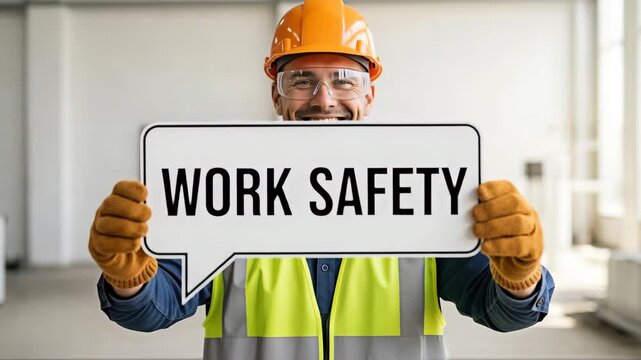 Construction worker holding work safety sign for the concept of occupational health and safety.