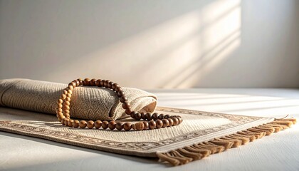 Minimal spiritual still life of prayer beads resting on a prayer mat against a white background, symbolizing faith, devotion, calm reflection, and religious practice.