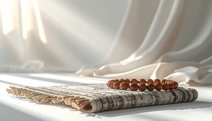 Minimal spiritual still life of prayer beads resting on a prayer mat against a white background, symbolizing faith, devotion, calm reflection, and religious practice.