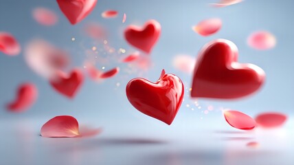 Floating red hearts with joyful romantic mood drifting gently in the air symbolizing love and celebration against soft pastel sky background for Valentine’s Day design with copy space