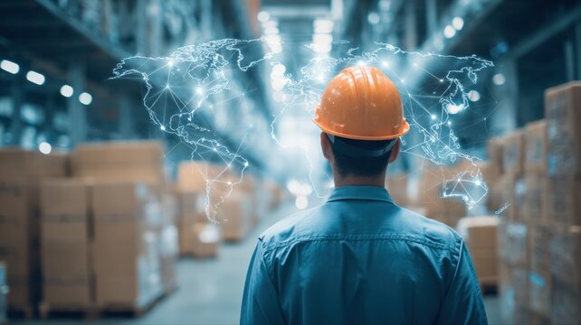 Warehouse Worker Overseeing Global Logistics Network with World Map Overlay, Boxes and Shelves in the Background - Powered by Adobe