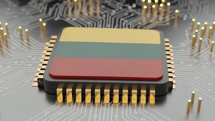 Lithuanian national flag on microchip for technology industry video representing innovation, research, and electronics manufacturing - Powered by Adobe