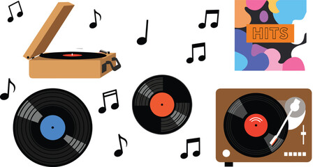 PrintVintage vinyl record player collection with turntable gramophone black vinyl discs and musical notes retro audio equipment and analog music hobby vector illustration. © MstLinaAkter