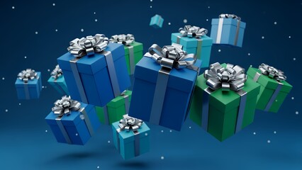 Falling Gift Boxes with Ribbons on Blue Background