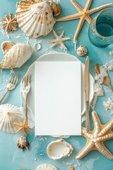 Blank menu card mockup forthe mermaid party with thecostal and beach decoratios.