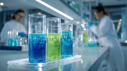 Laboratory Analysis: Close-Up of Three Beakers with Blue and Green Solutions, Blurred Researchers in Background