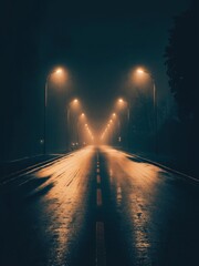Empty wet asphalt road at ight illuminated by streetlights. Concept of lonelinss, travel, journey, and drkness