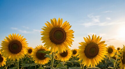 A field of vibrant yellow sunflowers blooming under a clear blue summer sky, showcasing natures...