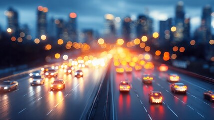 Blurred Motion Cityscape: Evening Traffic on Highway with City Lights and Bokeh