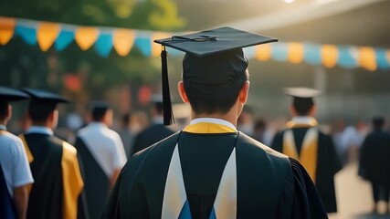 Graduates in caps and gowns standing together at a ceremony outdoors