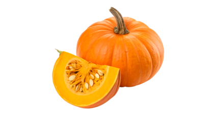 A bright orange pumpkin, cut in half, on a transparent background.