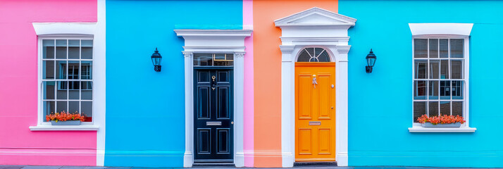 Vibrant architectural details of terraced street showcasing brightly colored walls in pink, turquoise blue, and orange, accented by classical white trim on two unique front doors.