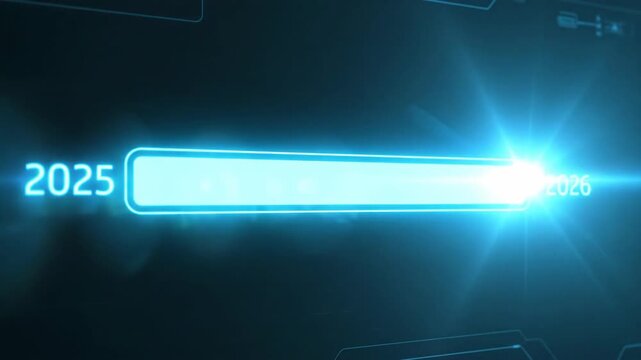 2025 to 2026 New Year Progress Bar with Glowing Blue Light and Digital Interface.