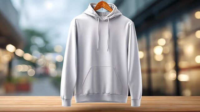 Clean white hoodie on wooden hanger with a blurred city street background
