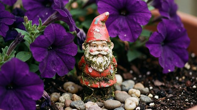 A miniature weathered gnome figurine standing amongst purple flowers and small stones in a garden setting.