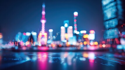 Vibrant Cityscape at Night with Blurred Lights Reflecting on Water, Modern Urban Scene